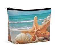 HETVBNS Travel Makeup Bag Portable Cosmetic Bags for Women Starfish Seashell Beach Make Up Bags Organizer With Zipper Waterproof Open Flat Toiletry Bag Cute Makeup Pouch for Travel Accessories