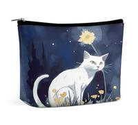 HETVBNS Travel Makeup Bag Portable Cosmetic Bags for Women White Cat Make Up Bags Organizer With Zipper Waterproof Open Flat Toiletry Bag Cute Makeup Pouch for Travel Accessories