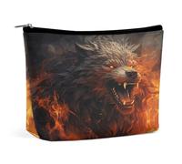 HETVBNS Travel Makeup Bag Portable Cosmetic Bags for Women Wild Wolf in The Fire Make Up Bags Organizer With Zipper Waterproof Open Flat Toiletry Bag Cute Makeup Pouch for Travel Accessories