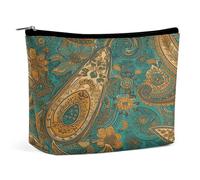 HETVBNS Travel Makeup Bag Portable Cosmetic Bags for Women Yellow Paisley Pattern Make Up Bags Organizer With Zipper Waterproof Open Flat Toiletry Bag Cute Makeup Pouch for Travel Accessories