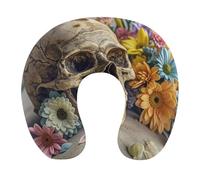 HETVBNS Travel Neck Pillow with Memory Foam, Ancient Skull and Flowers U Shaped Pillow for Airplane & Car - Detachable Washable Cover, Ergonomic Support for Neck