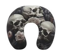 HETVBNS Travel Neck Pillow with Memory Foam, Black and White Flowers and Skull U Shaped Pillow for Airplane & Car - Detachable Washable Cover, Ergonomic Support for Neck