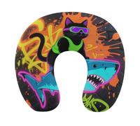 HETVBNS Travel Neck Pillow with Memory Foam, Blacklight Cat Riding Shark U Shaped Pillow for Airplane & Car - Detachable Washable Cover, Ergonomic Support for Neck