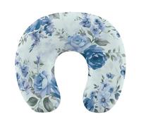 HETVBNS Travel Neck Pillow with Memory Foam, Blue Flower Floral Pattern Roses U Shaped Pillow for Airplane & Car - Detachable Washable Cover, Ergonomic Support for Neck