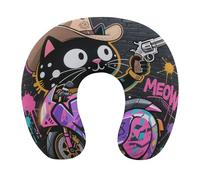 HETVBNS Travel Neck Pillow with Memory Foam, Cartoon Cat Riding Motorcycle U Shaped Pillow for Airplane & Car - Detachable Washable Cover, Ergonomic Support for Neck