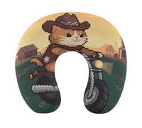 HETVBNS Travel Neck Pillow with Memory Foam, Cat Riding A Motorcycle U Shaped Pillow for Airplane & Car - Detachable Washable Cover, Ergonomic Support for Neck