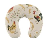 HETVBNS Travel Neck Pillow with Memory Foam, Chicken and Rooster Print U Shaped Pillow for Airplane & Car - Detachable Washable Cover, Ergonomic Support for Neck