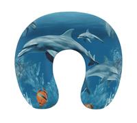 HETVBNS Travel Neck Pillow with Memory Foam, Dolphins Blue U Shaped Pillow for Airplane & Car - Detachable Washable Cover, Ergonomic Support for Neck