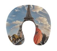 HETVBNS Travel Neck Pillow with Memory Foam, Eiffel Tower with Red Umbrella U Shaped Pillow for Airplane & Car - Detachable Washable Cover, Ergonomic Support for Neck
