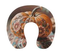 HETVBNS Travel Neck Pillow with Memory Foam, Fall Pumpkin Ethic Boho Floral U Shaped Pillow for Airplane & Car - Detachable Washable Cover, Ergonomic Support for Neck