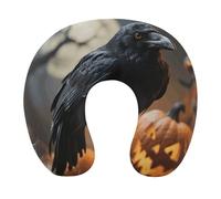 HETVBNS Travel Neck Pillow with Memory Foam, Frightening Halloween Crow U Shaped Pillow for Airplane & Car - Detachable Washable Cover, Ergonomic Support for Neck
