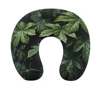 HETVBNS Travel Neck Pillow with Memory Foam, Green Leaves Pattern U Shaped Pillow for Airplane & Car - Detachable Washable Cover, Ergonomic Support for Neck