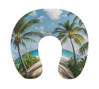 HETVBNS Travel Neck Pillow with Memory Foam, Green Palm Trees Ocean U Shaped Pillow for Airplane & Car - Detachable Washable Cover, Ergonomic Support for Neck