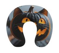 HETVBNS Travel Neck Pillow with Memory Foam, Halloween Black Cat Pumpkin U Shaped Pillow for Airplane & Car - Detachable Washable Cover, Ergonomic Support for Neck