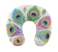 HETVBNS Travel Neck Pillow with Memory Foam, Peacock Feather U Shaped Pillow for Airplane & Car - Detachable Washable Cover, Ergonomic Support for Neck