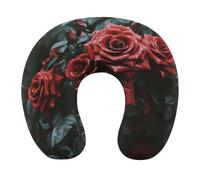 HETVBNS Travel Neck Pillow with Memory Foam, Red and Black Rose U Shaped Pillow for Airplane & Car - Detachable Washable Cover, Ergonomic Support for Neck