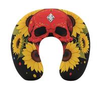 HETVBNS Travel Neck Pillow with Memory Foam, Red Skull & Yellow Sunflowers U Shaped Pillow for Airplane & Car - Detachable Washable Cover, Ergonomic Support for Neck