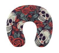 HETVBNS Travel Neck Pillow with Memory Foam, Sugar Skulls and Red Roses U Shaped Pillow for Airplane & Car - Detachable Washable Cover, Ergonomic Support for Neck