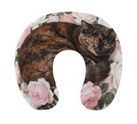 HETVBNS Travel Neck Pillow with Memory Foam, Tortoiseshell Cat in Roses U Shaped Pillow for Airplane & Car - Detachable Washable Cover, Ergonomic Support for Neck