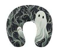 HETVBNS Travel Neck Pillow with Memory Foam, White Patterned Ghost U Shaped Pillow for Airplane & Car - Detachable Washable Cover, Ergonomic Support for Neck