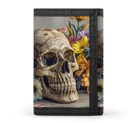 HETVBNS TriFold Wallet with 8 Card Slots & Keychain | Durable Polyester | Compact Ancient Skull And Flowers Wallet for Travel