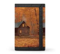 HETVBNS TriFold Wallet with 8 Card Slots & Keychain | Durable Polyester | Compact Autumn Woods Cabin Wallet for Travel