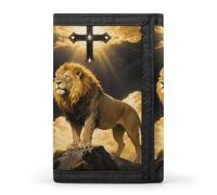 HETVBNS TriFold Wallet with 8 Card Slots & Keychain | Durable Polyester | Compact Black And Gold African Leo Lion King with Cross Wallet for Travel