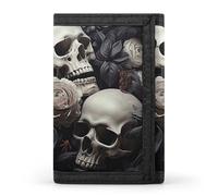 HETVBNS TriFold Wallet with 8 Card Slots & Keychain | Durable Polyester | Compact Black And White Flowers And Skull Wallet for Travel