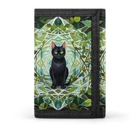 HETVBNS TriFold Wallet with 8 Card Slots & Keychain | Durable Polyester | Compact Black Cat Wallet for Travel