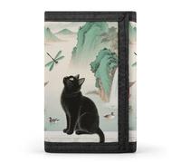 HETVBNS TriFold Wallet with 8 Card Slots & Keychain | Durable Polyester | Compact Black Fluffy Cat Watch Dragonfly Wallet for Travel