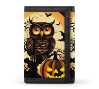 HETVBNS TriFold Wallet with 8 Card Slots & Keychain | Durable Polyester | Compact Black Tree Owl Pumpkin Head Wallet for Travel
