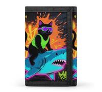 HETVBNS TriFold Wallet with 8 Card Slots & Keychain | Durable Polyester | Compact Blacklight Cat Riding Shark Wallet for Travel