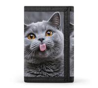 HETVBNS TriFold Wallet with 8 Card Slots & Keychain | Durable Polyester | Compact Blue Cat Sticking Out Tongue Wallet for Travel