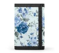 HETVBNS TriFold Wallet with 8 Card Slots & Keychain | Durable Polyester | Compact Blue Flower Floral Pattern Roses Wallet for Travel