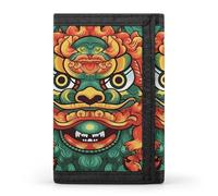 HETVBNS TriFold Wallet with 8 Card Slots & Keychain | Durable Polyester | Compact Chinese Lion New Year Wallet for Travel