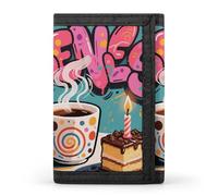 HETVBNS TriFold Wallet with 8 Card Slots & Keychain | Durable Polyester | Compact Doodle Style Coffee Cake Wallet for Travel