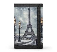 HETVBNS TriFold Wallet with 8 Card Slots & Keychain | Durable Polyester | Compact Eiffel Tower Winter Rainy Wallet for Travel