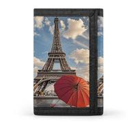 HETVBNS TriFold Wallet with 8 Card Slots & Keychain | Durable Polyester | Compact Eiffel Tower with Red Umbrella Wallet for Travel