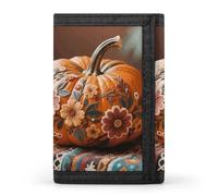 HETVBNS TriFold Wallet with 8 Card Slots & Keychain | Durable Polyester | Compact Fall Pumpkin Ethic Boho Floral Wallet for Travel