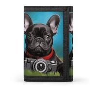 HETVBNS TriFold Wallet with 8 Card Slots & Keychain | Durable Polyester | Compact French Bulldog Puppy with Camera Wallet for Travel
