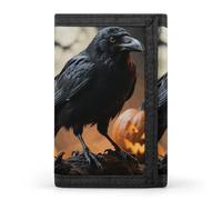HETVBNS TriFold Wallet with 8 Card Slots & Keychain | Durable Polyester | Compact Frightening Halloween Crow Wallet for Travel