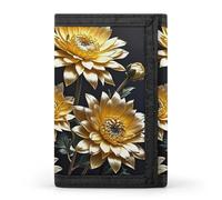 HETVBNS TriFold Wallet with 8 Card Slots & Keychain | Durable Polyester | Compact Gold Flowers on Black Wallet for Travel