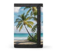 HETVBNS TriFold Wallet with 8 Card Slots & Keychain | Durable Polyester | Compact Green Palm Trees Ocean Wallet for Travel