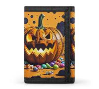 HETVBNS TriFold Wallet with 8 Card Slots & Keychain | Durable Polyester | Compact Halloween Pumpkin Monster Wallet for Travel