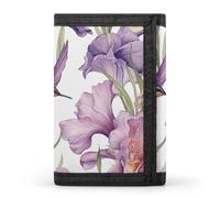 HETVBNS TriFold Wallet with 8 Card Slots & Keychain | Durable Polyester | Compact Hummingbirds Irises Flowers Wallet for Travel