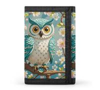 HETVBNS TriFold Wallet with 8 Card Slots & Keychain | Durable Polyester | Compact Owl Spring Flowers Turquoise Wallet for Travel