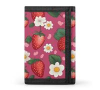 HETVBNS TriFold Wallet with 8 Card Slots & Keychain | Durable Polyester | Compact Pink Strawberry Wallet for Travel
