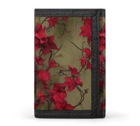 HETVBNS TriFold Wallet with 8 Card Slots & Keychain | Durable Polyester | Compact Red Flower Vine Wallet for Travel