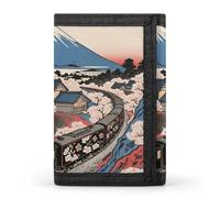 HETVBNS TriFold Wallet with 8 Card Slots & Keychain | Durable Polyester | Compact Sakura Train Wallet for Travel