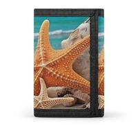 HETVBNS TriFold Wallet with 8 Card Slots & Keychain | Durable Polyester | Compact Starfish Seashell Beach Wallet for Travel